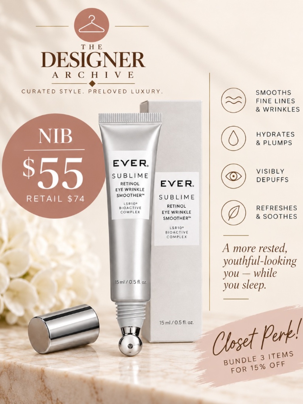EVER Sublime Retinol Eye Wrinkle Smoother NIB 15ml $74 Retail